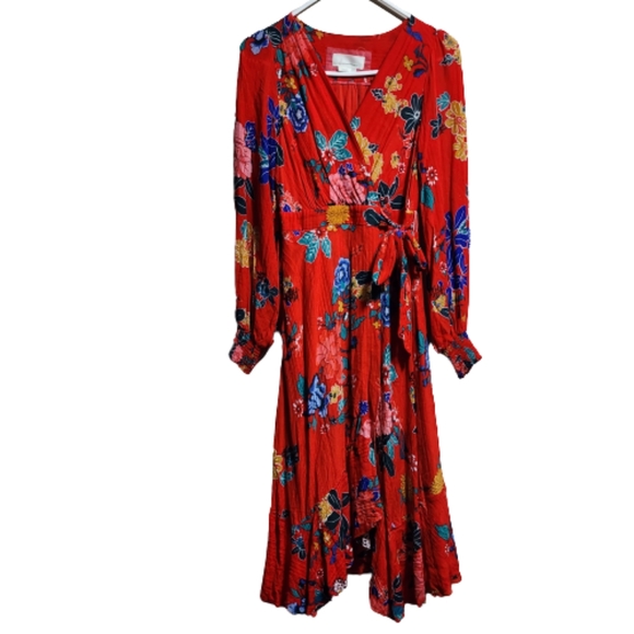 Anthropologie Boswell long sleeves wrap ruffle floral dress color red/blue size2 - Picture 3 of 8